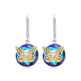 TOUPOP Cross Earrings for Women Sterling Silver Drop Dangle Butterfly Earrings with Blue Crystal Cross Jewelry Birthday Valentine's Day Mother's Day Gifts for Her Wife Mom