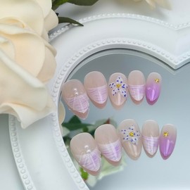 30Pcs Flower Press on Nails Short Almond French Tip Fake Nails Purple Gradient False Nail with Gold Beads Star Charms Design Summer Floral Glue on Nail Full Cover Artificial Stick on Nails for Women