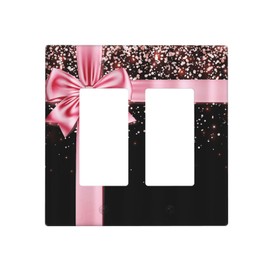 Rose Gold Glitter Bling 2 Gang Light Switch Cover Girls Pink Bow Decorative Wall Plate Double Rocker GFCI Electrical Faceplate for Powder Room Bedroom Home Decorate
