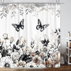 GOAOK - Cortina de ducha con diseño bohemio, diseño floral, diseño rústico de flores oscuras, diseño de mariposas, diseño clásico de hojas botánicas, color gris, decoración de 72 x 78 pulgadas con