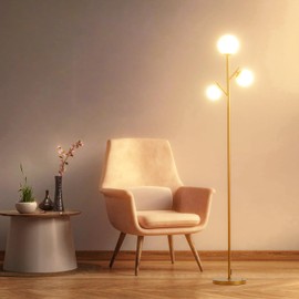 Fiqevs 3 Globe Mid Century Floor Lamp, Vintage Standing Lamp with 3 LED Bulbs & Sphere Frosted Glass Shades, Modern Gold Tree Floor Lamp for Living Room, Bedroom, Office