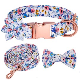 VAMOVISON Floral Cotton Girl Dog Collar and Leash Sets - Stylish Bow & Flower Decoration - Quick Release Buckle & D-Ring - Adjustable Soft Padded Pet Collar for Small Medium Large Dogs (L, Blue)