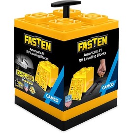 Camco Fasten RV Leveling Blocks - Features Interlocking Design for Customizable Height - Carrying Handle Twists to Secure Blocks for RV Storage - 8.5” x 8.5” x 1”, Yellow, 10-Pack (21022)