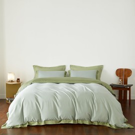 YuHeGuoJi Light Green Duvet Cover Queen 100% Long Staple Cotton Sage Green Duvet Cover Egyptian Cotton 3 Pcs Set 1 Dual Color Hemmed Duvet Cover with Zipper Ties 2 Pillow Shams Mint Green Bedding