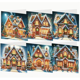 Syntego 6pcs DIY Festive Gingerbread Christmas House Diamond Painting Greeting Card Kit for Adults