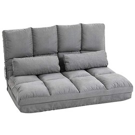 HOMCOM Convertible Floor Sofa Chair, Folding Upholstered Couch Bed, Adjustable Guest Chaise Lounge with Metal Frame and 2 Pillows, Grey