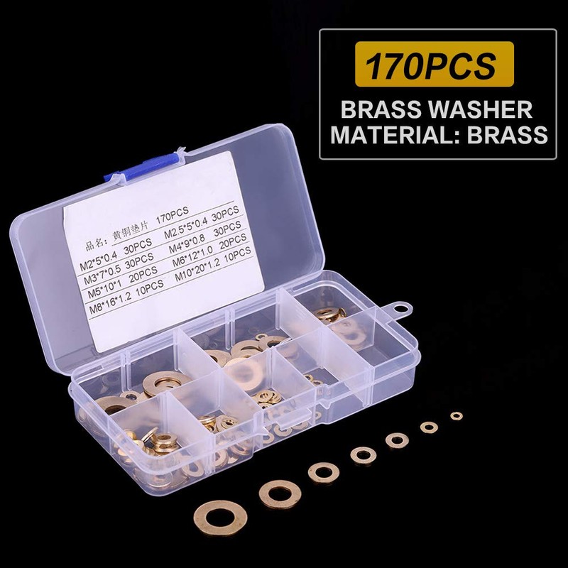 Copper Washer Kit,180Pcs M2/M2.5/M3/M4/M5/M6/M8/M10 Round Brass Flat Ring Washer Assortment