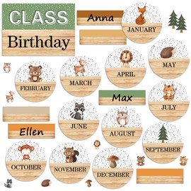 FYSUIMU Birthday Bulletin Board Set for Classroom Decorations Woodland Animal Class Birthday Bulletin Board Stickers Jungle Life Month Header Decals for Back to School Office Month Calendar, 53 Pcs
