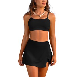 SHEKINI Women's Sporty Bikini Set High Waisted Two Piece Swimsuits with Skirt Bottom, black, M