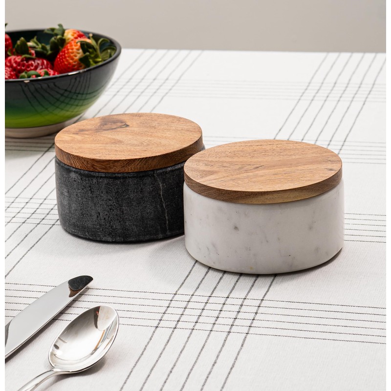 Cork & Mill Grey Marble Salt Cellar with Acacia Wood