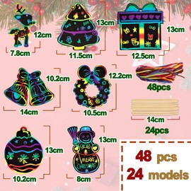 48-Piece Christmas Scratch Pictures Set for Children, 24 Patterns, Rainbow Scratch Paper for DIY Crafts, Christmas Decoration, Pendant, Party Bag with Wooden Sticks, Ribbons, Christmas Gifts