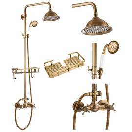 gotonovo Antique Brass Exposed Bathroom Shower Faucet with Shower Shelf 8 inch Rain Shower Head Double Cross Handle With Adjustable Handheld Sprayer Shower Shower System 2 Functions Wall Mounted