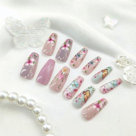 Spring Press on Nails Coffin Medium Fake Nails with Floral Butterfly Designs Pink Nails Press ons Glossy Glue on Nails Full Cover False Nails Cute Acrylic Nails Summer Stick on Nails for Women 24Pcs