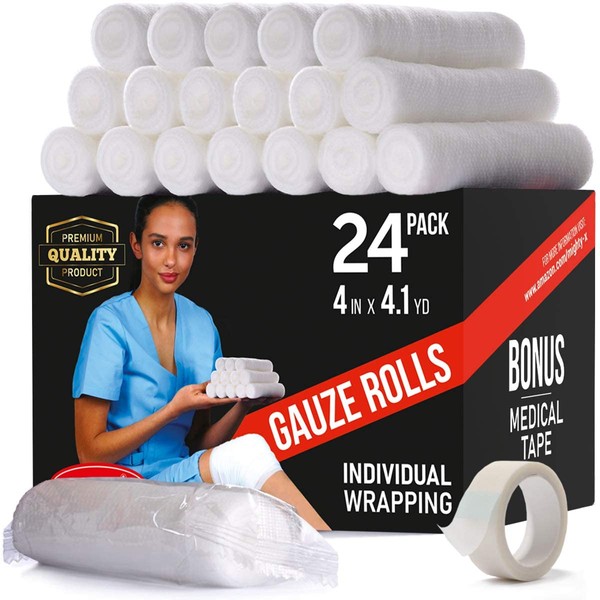 Premium Gauze Bandage Roll - 24 Pack - Gauze Roll (4 inches x 4.1 Yards) - Gauze Wrap + Bonus Medical Tape
