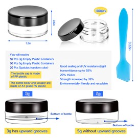 MotBach 100 PCS Makeup Travel Containers with Lids, 3/5/ Gram Empty Plastic Containers with Lids, Makeup Sample Containers Cosmetic Jars with Spatulas for Liquid Lotions Powder Creams (Black Lids)