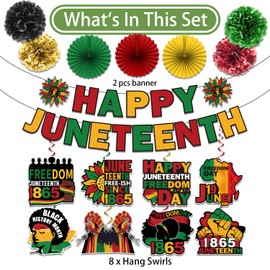 Juneteenth Banner Decorations, Red Yellow Black and Green Backdrop Decorations for Office,Paper Fans Banner and hanging swirls for June 19th Independence Day Freedom Day Party Supplies