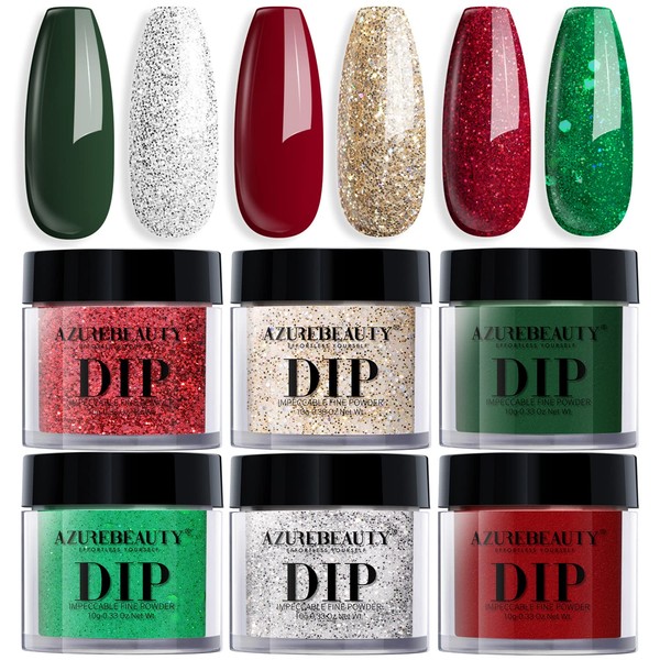 Dip Powder Set, AZUREBEAUTY 6 Colors Glitter Red Green Nail Dipping Powder French Nail Art Gel Manicure Salon DIY at Home Christmas Gifts