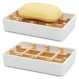 Bamboo Soap Dishes for Shower Wooden Soap Bar Holder for Bathroom Soap Tray Easy to Clean, Durable and with Non-Slip Pads(Single White Square)