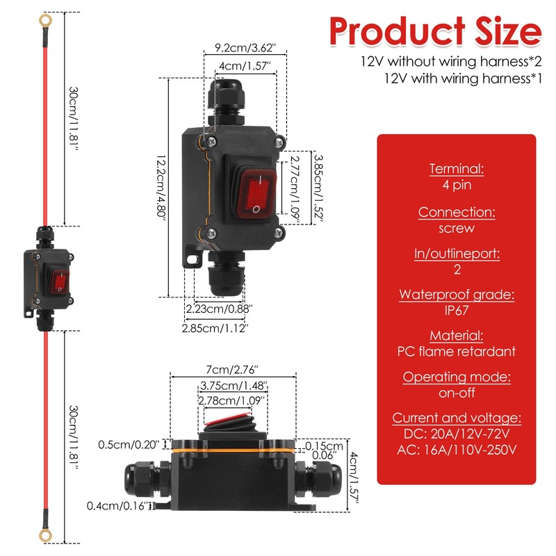 3PC 12V Waterproof Inline Power Switch Set-IP67 Weatherproof Inline Switch,10AWG