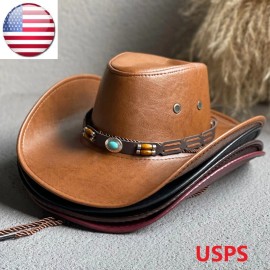 Speedway Mens Faux Leather Fashion Bucket Cap Cowboy Fedora Hat Wide Brim  Outdoor Hats u - Red