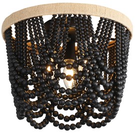RyaHQ Bohemian Lighting Bohemian Chandelier Handmade Beaded Chandelier Vintage Hemp Rope Woven Ceiling Lighting 3 Lights Wood Bead Chandelier Nursery Lighting Bedroom Ceiling Light (Black)