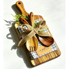 Acacia Wood Cutting Board Gift Set, Perfect Housewarming Gift, Ideal Holiday Gift, Premium Wooden Serving Board with Salad Spoon & Fork, Linen-Look Napkin, Kitchen Utensil Set for Serving, Decor
