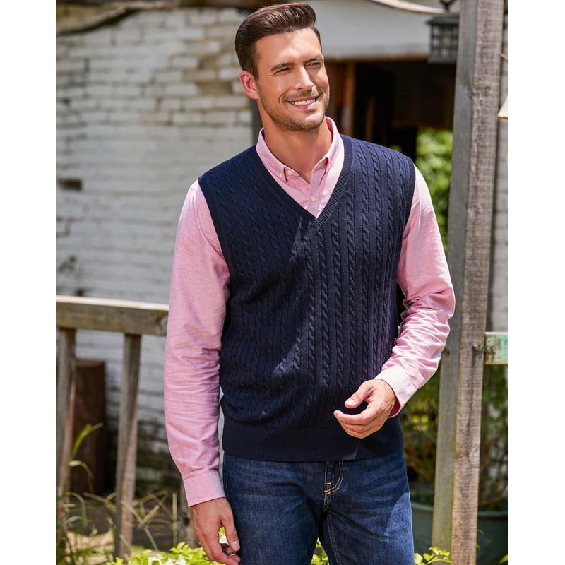 Kallspin Men's Knitted Vest Pulunder Sleeveless Cable Knit V-Neck Wool