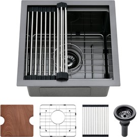 15 Inch Black Bar Sink, PEPO 15x15 Undermount Stainless Steel Kitchen Sink Workstation – Small Single Bowl Wet Bar, RV Sinks with Cutting Board