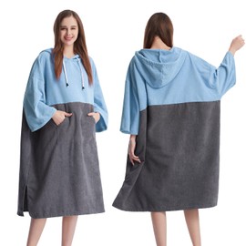 MUTAO Color Blocking Surf Poncho Changing Towel,3/4 Sleeve Changing Robe with Hood for Surfing Swimming Water Sports(Blue+Grey)