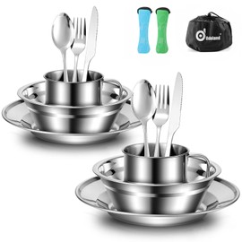 Odoland Camping Cutlery Set Outdoor Travel Cutlery Stainless Steel for 2 People Folding Cutlery with Plate Cup Outdoor Cookware Travel Hiking Camping