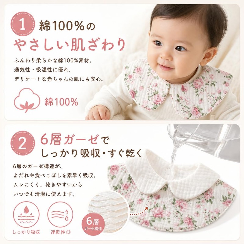mono-deco よだれかけ スタイ 4枚セット ベビー 綿100% 襟6層 360度回転 お食事エプロン 洗い替え
