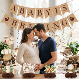 FodeMoraka A Baby is Brewing - 14 Pcs Coffee Themed Baby Shower Decorations Gender Reveal Party Supplies for Boys Girls Pre-strung Banner Garland Hanging Swirls Honeycomb Centerpieces Table Decor Set
