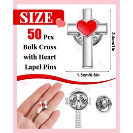 Yinkin 50 Pcs Small Cross with Heart Lapel Pins Brooch Bulk Religious Christian Chaplain Funeral Church Prayer Condolence (Silver)