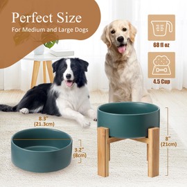 Raised Ceramic Large Dog Bowl - Heavy Weighted Dog Dish with Bamboo Stand - Elevated for Comfortable Feeding - 8.3" W x 8" H - 4.5 Cups (68 fl oz) - Green
