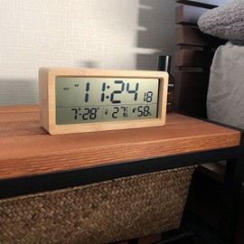 DEMI LOUS Table Clock, Alarm Clock, Stylish, Interior, European, Digital, Alarm Clock, Calendar Display, Thermometer, Hygrometer, Made of Natural Bamboo, Stylish, Living Room, Bedroom, Bedside, Alarm