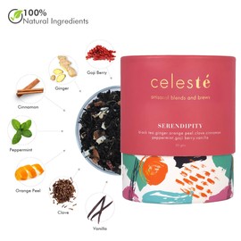 CelesTe Serendipity - Goji Berry Tea - Premium Blend with Ginger, Orange Peel, Clove, Cinnamon, Peppermint, Vanilla | 100% Natural Loose Leaf Black Tea (1.76 oz) (50gm) (25 Cups)