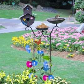 HOUYANG 52" H Bird Bath and Metal Birdhouses for Outdoors,Metal Standing Bird Bath Feeder and Climbing Plant Trellis 4-in-1,Garden Yard Decor