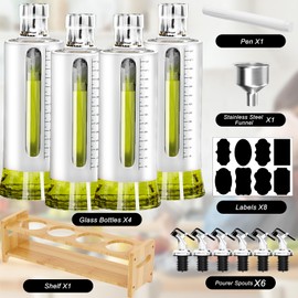 SINYWAY Oil Dispenser Bottle, 4 Pack Glass Olive Oil Dispenser Bottle with Shelf, 17oz/500 ml Oil and Vinegar Dispenser Set Wrapped in Stainless Steel Shell with Pourers, Funnel & Pen and Tags