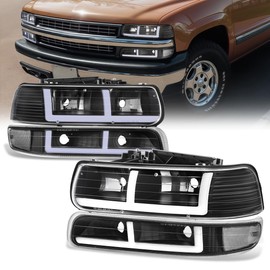 D SOLUTIONS Headlights Assembly Compatible with 1999-2002 Chevy Silverado 1500 2500 3500 HD / 2000-2006 Tahoe Suburban 1500 2500, F-Pattern LED With Bumper Light, Black/Clear