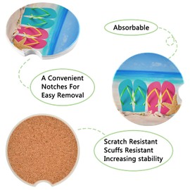 Beach Flip Flops Car Coasters for Cup Holder Drinks 2 Pcs Absorbent Ceramic Coasters with Cork Base for Universal Car Cupholders