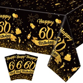 NatNarr 3 Pack 60th Birthday Tablecloth, Plastic Black Gold Table Cloths 60th Birthday Table Cover, Disposable Rectangle Table Cloths for Birthday Party Decorations, 54x108