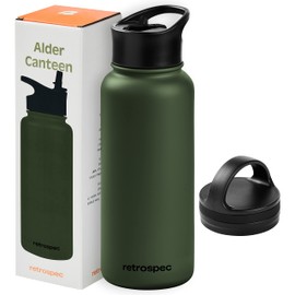 Retrospec Alder Insulated Water Bottle with Straw Lid & Handle Cap - Stainless Steel Wide Mouth Double-Wall Vacuum Insulated Thermos - BPA Free Leakproof Canteen - Olive Drab, 32oz