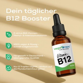 vegan drops Vegan Drops? - Vitamin B12 Tropfen - Kombination aus Methyl- & Adenosylcobalamin - 250 Tropfen, 125 Tage Reichweite - vegan, ohne Alkohol & in Deutschland produziert