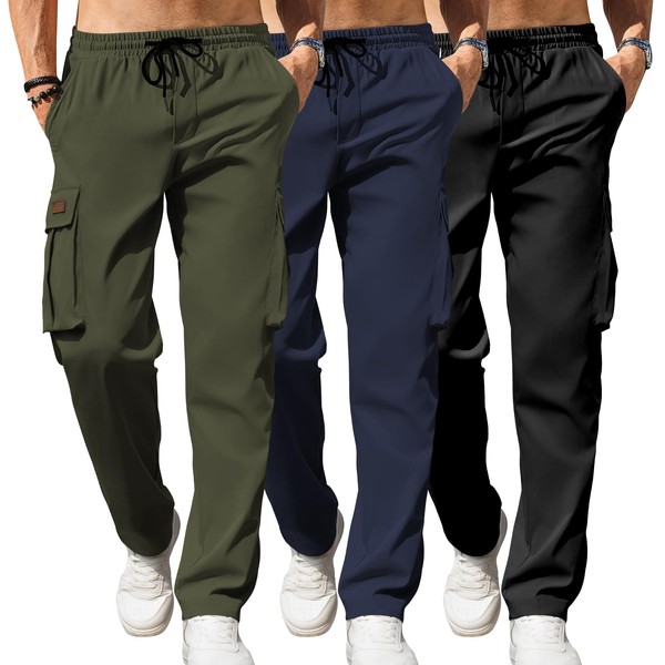 Mancozy 3 Pack Men's Casual Cargo Sweatpants Waist Drawstring Joggers