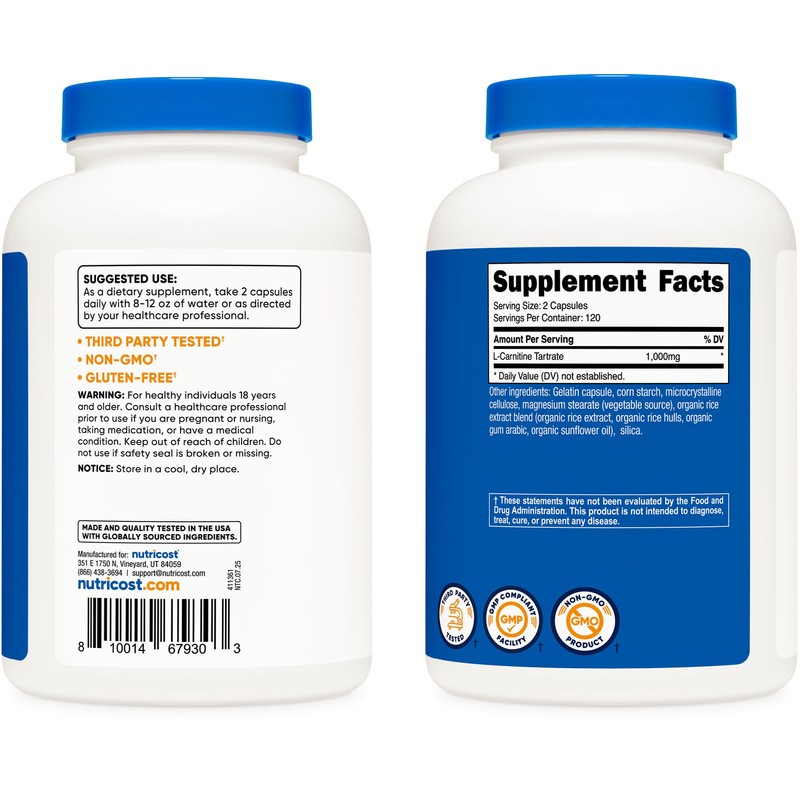 Nutricost L-Carnitine Tartrate 500mg, 240 Capsules - 1000mg Per Serving