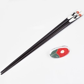 Issho, Painted Chopsticks Auspaulownia Box, Includes Chopsticks Rest, Black Cat and Camellia, 9.1 inches (23 cm), Made in Japan