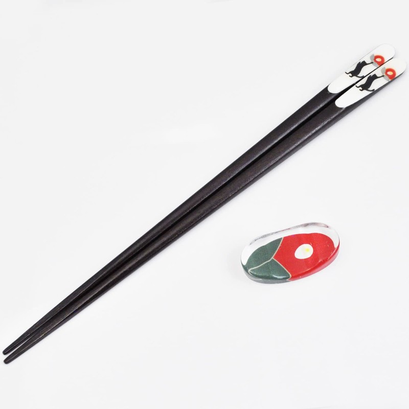 Issho, Painted Chopsticks Auspaulownia Box, Includes Chopsticks Rest, Black Cat
