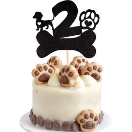 1 decoración para tartas de segundo cumpleaños con purpurina negra, pata de perro de dos años de edad, cumpleaños, cachorro, hueso, para Let's Pawty, baby shower, niños y niñas, suministros para decoración de tartas de 2º cumpleaños