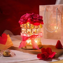 Crystal Table Lamp, Rechargeable Cordless Rose Light 3 Colors Dimmable Flower Lamp, Romantic LED Diamond Lamp for Bedroom Living Room Decor, Valentine Birthday Gift for Her (Rose Red)