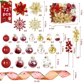 72pcs Christmas Tree Decorations Set Christmas Ornaments Shatterproof Plastic Balls,Hanging Glitter Snowflakes,Ribbon,Poinsettia Flower Artificial for Xmas Holiday Wedding Party Floral Decoration